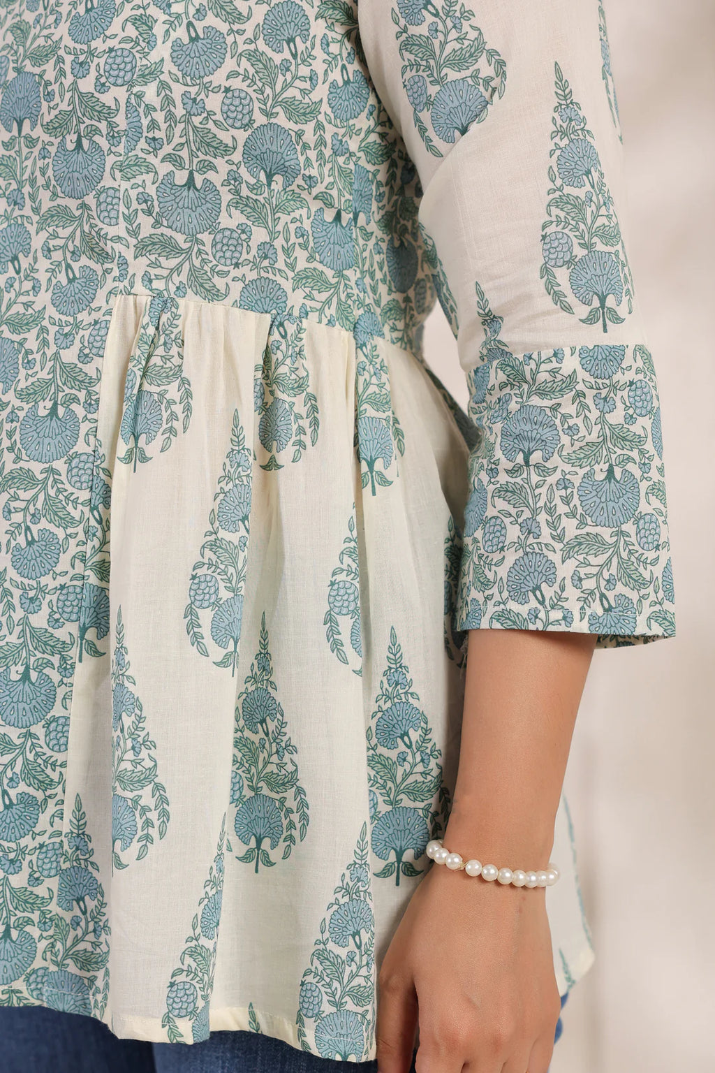 Ivory Pure Cotton Jaipuri Floral Jaal Printed Peplum Top