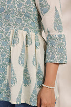 Ivory Pure Cotton Jaipuri Floral Jaal Printed Peplum Top