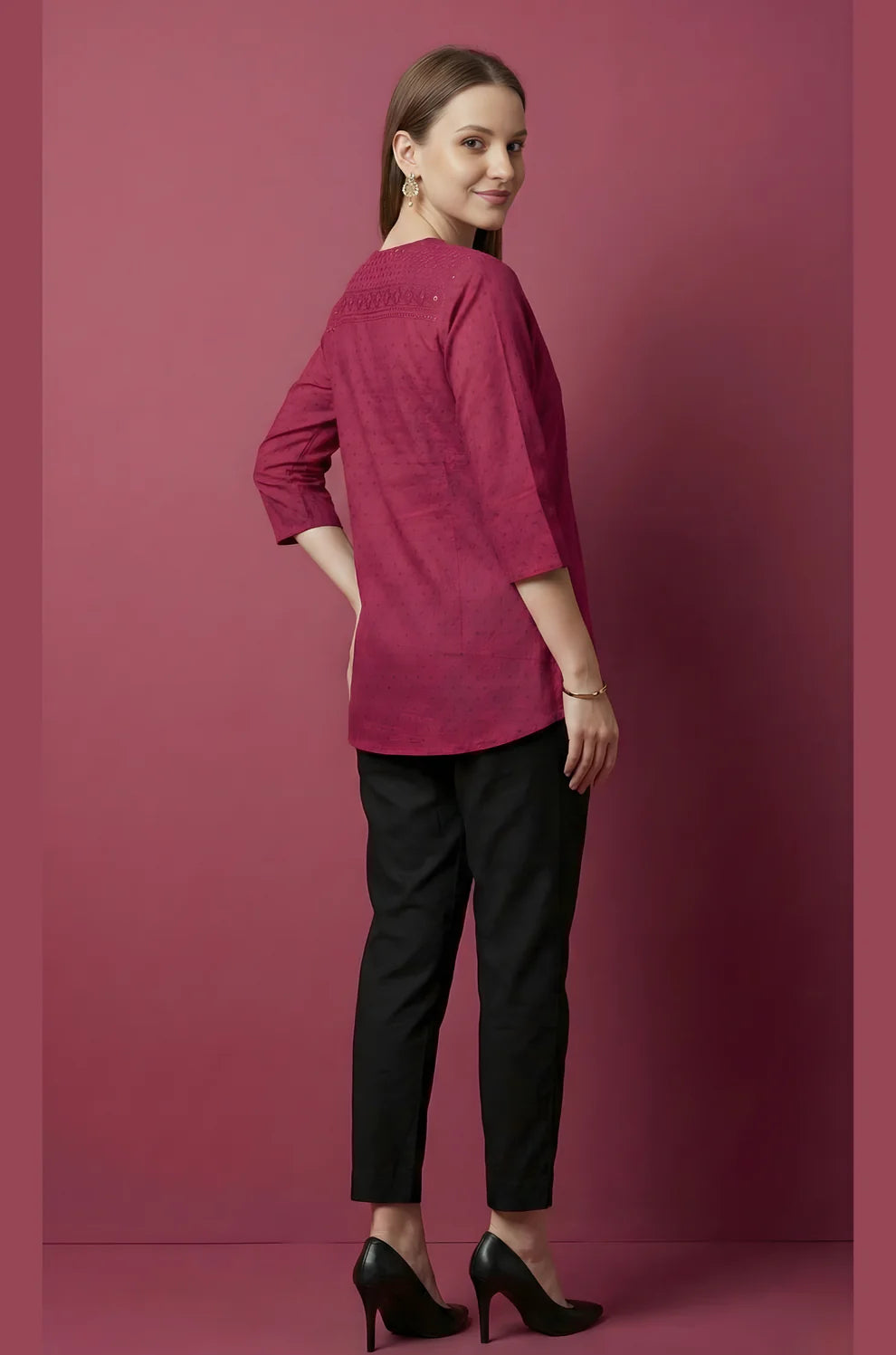 Magenta Pure Cotton Dobby Jaipur Top with Front Pleat & Button Detail