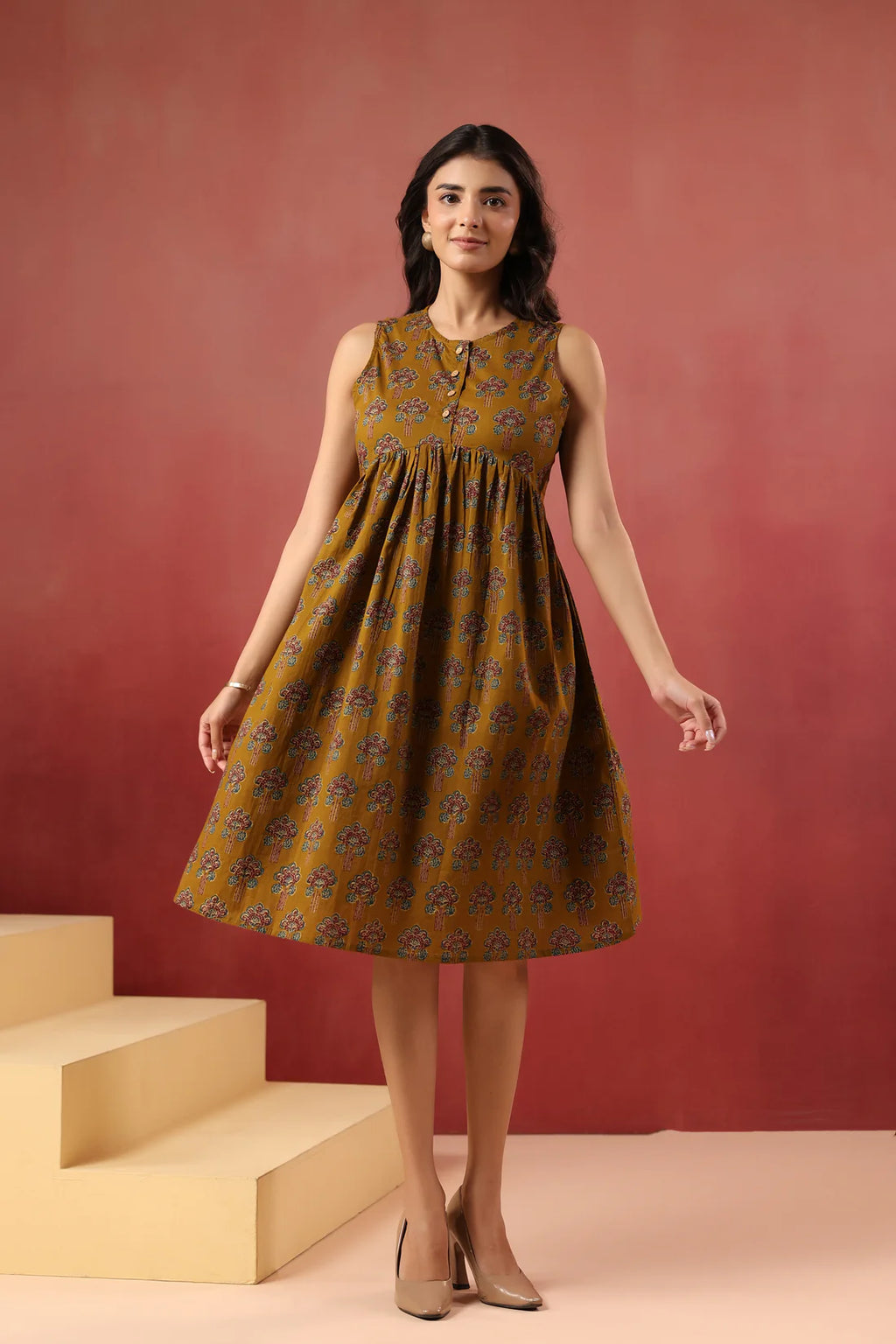 Printed Cotton Sleeveless Dress — Elegant Flared Casual Wear