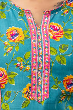 Teal Blue Rose Floral Print Pure Cotton Kurta & Pants Set with Pink Embroidered Placket & Border