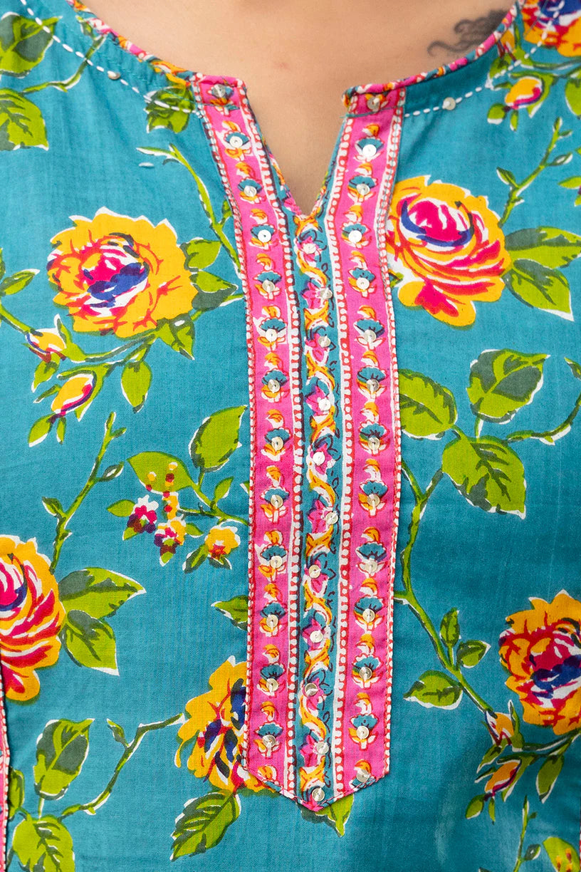 Teal Blue Rose Floral Print Pure Cotton Kurta & Pants Set with Pink Embroidered Placket & Border