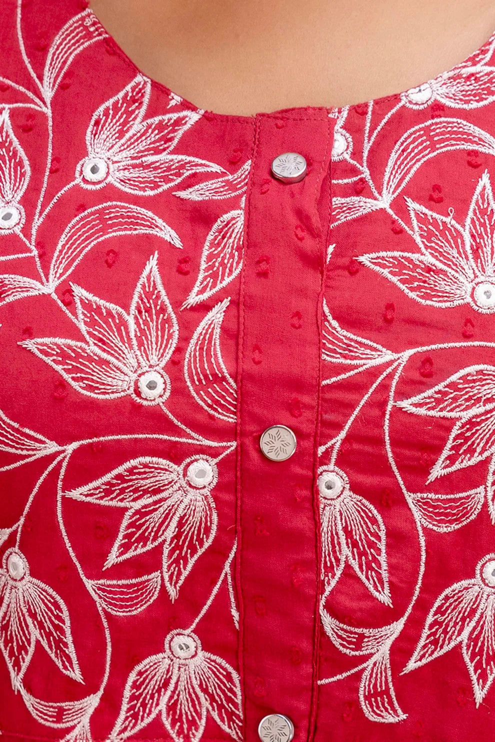 Cherry Red Pure Cotton Embroidered Kurta & Pant Set | Floral Yoke Ethnic