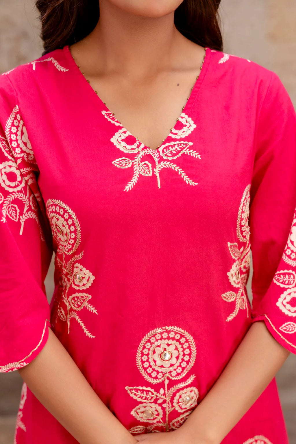 Designer Pink Co-ord Set with Tulip Pants & White Floral Embroidery