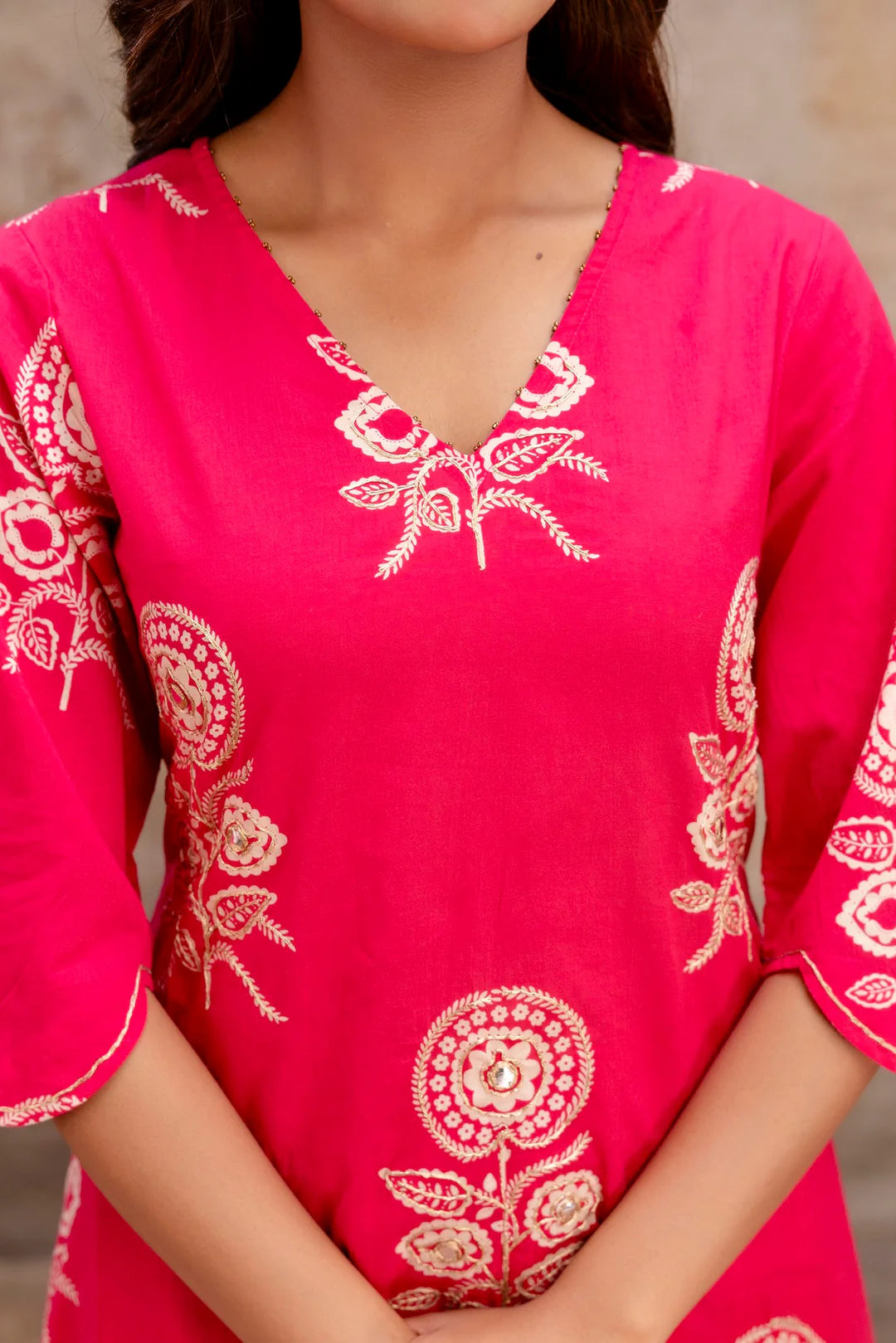 Designer Pink Co-ord Set with Tulip Pants & White Floral Embroidery