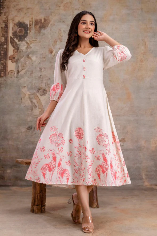 White & Pink Flex Cotton Dress with Lining – Women Wear