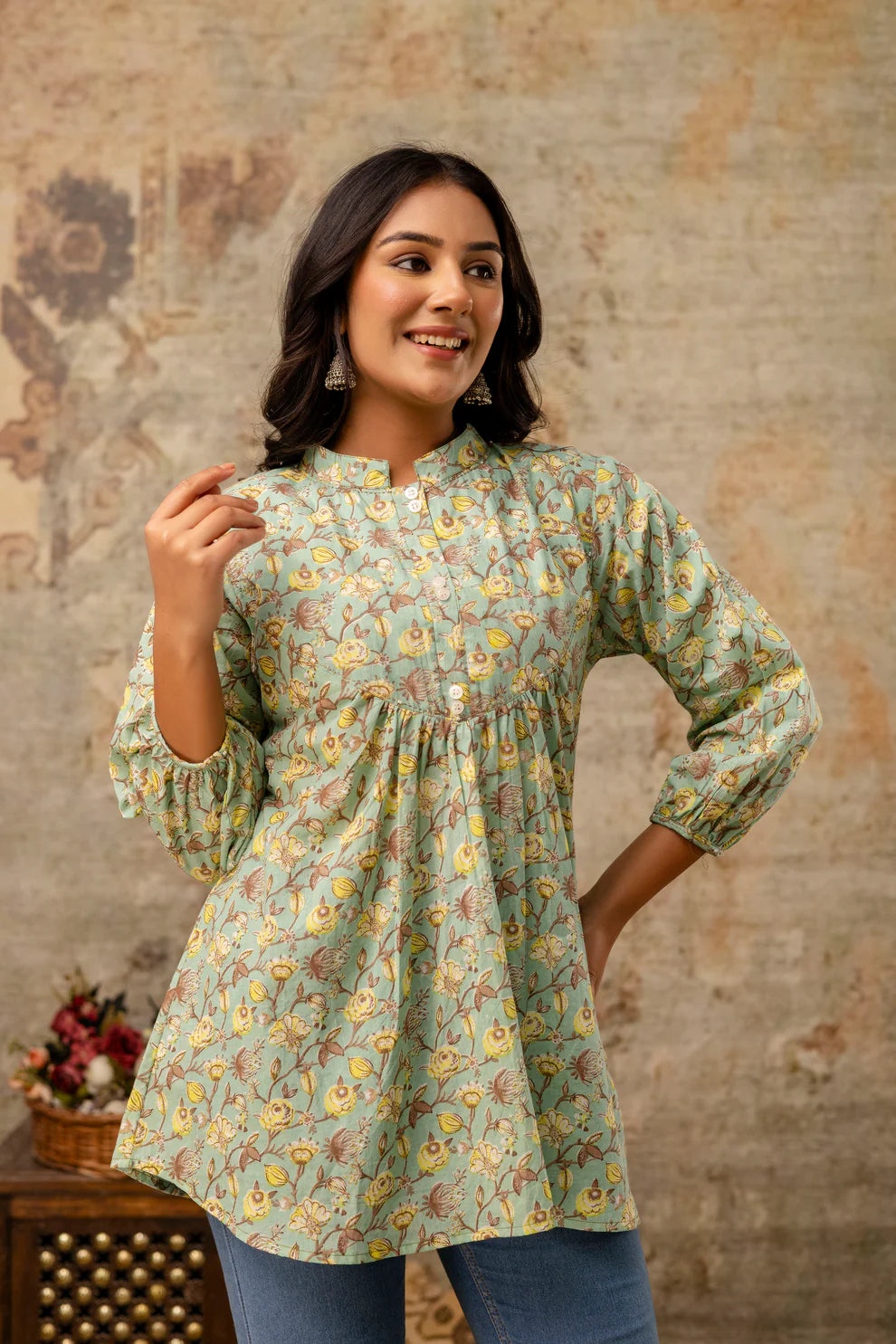 Mint Green Pure Cotton Jaipuri Floral Printed Top