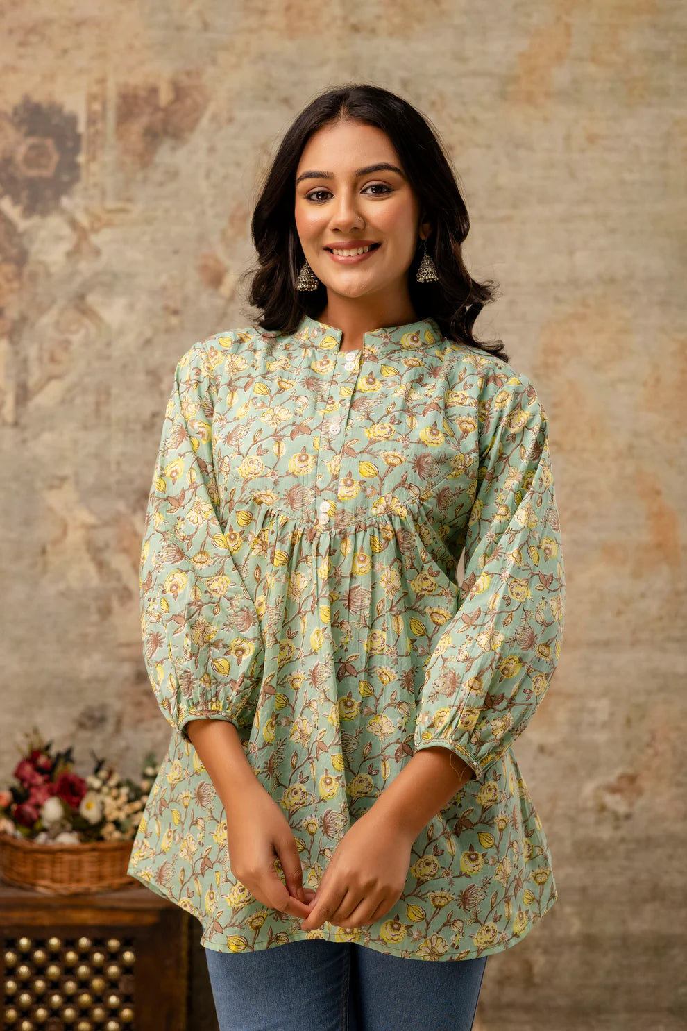 Mint Green Pure Cotton Jaipuri Floral Printed Top