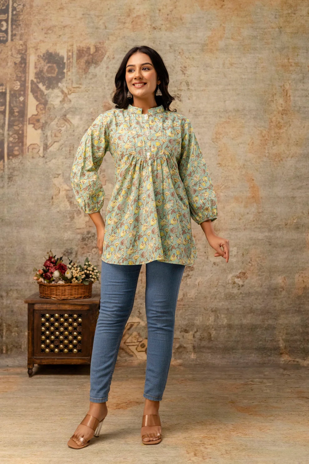 Mint Green Pure Cotton Jaipuri Floral Printed Top