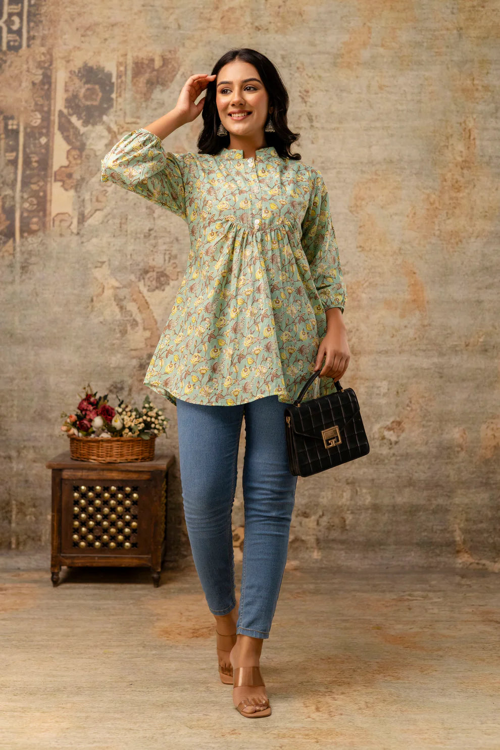 Mint Green Pure Cotton Jaipuri Floral Printed Top