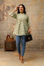 Mint Green Pure Cotton Jaipuri Floral Printed Top