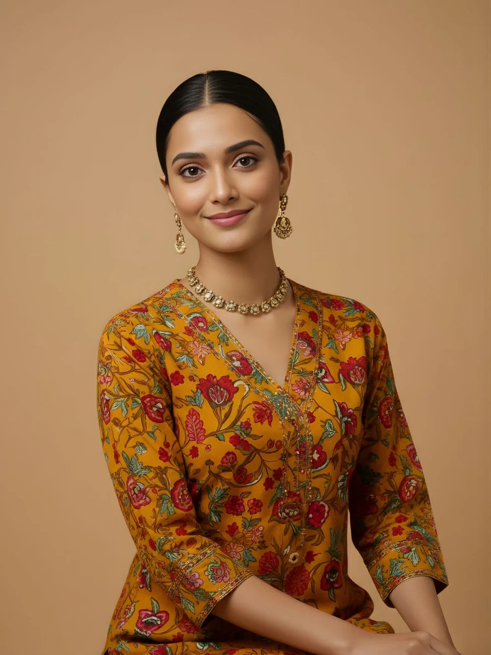 Mustard Bloom Pure Cotton Printed Kurta & Pant Set | Ethnic Floral Co-ord