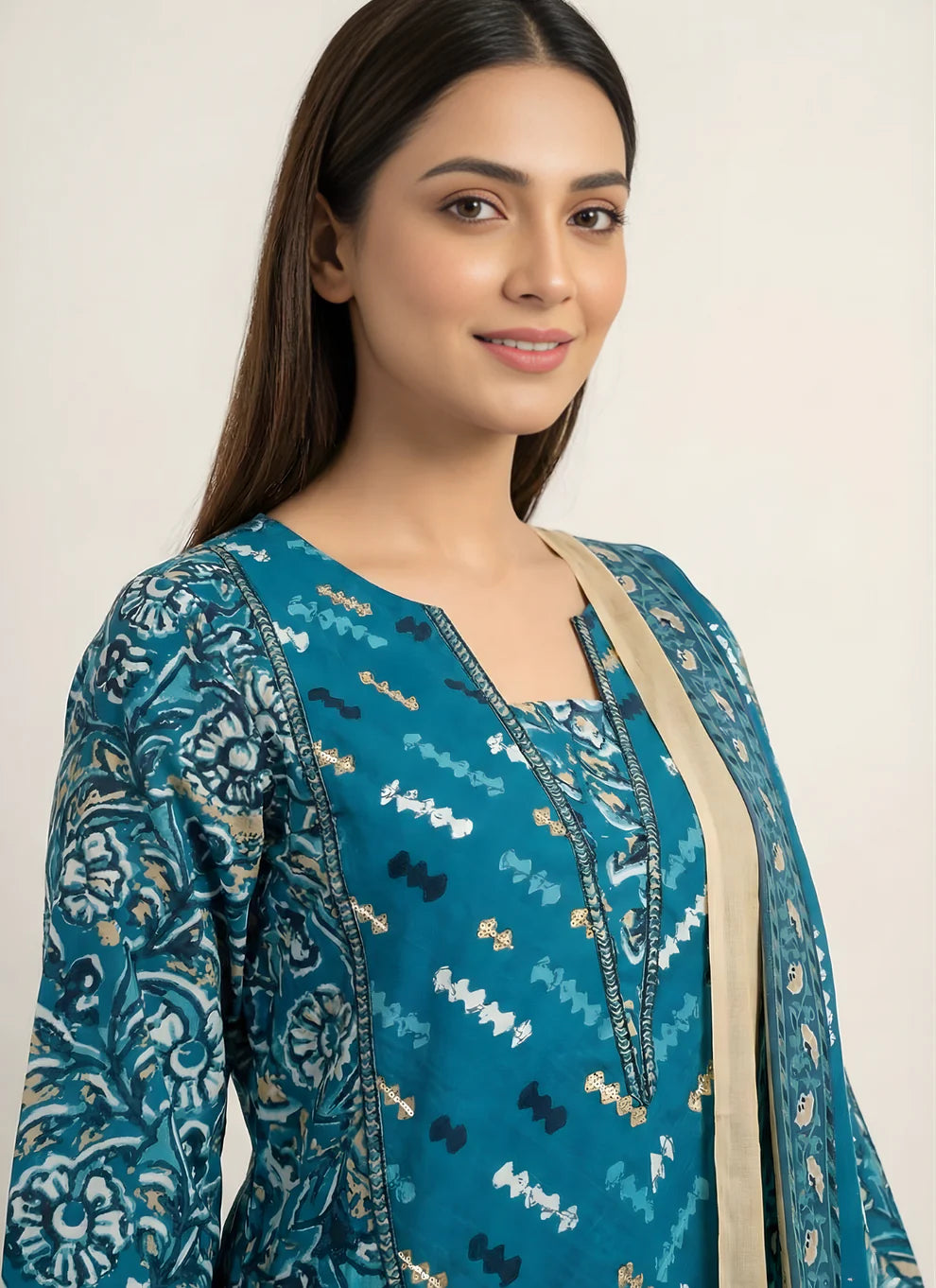 Teal Blue Mughal Floral Block Print Pure Cotton Kurta, Pants & Dupatta 3-Piece Set with Gold Foil Detail & Lace Border
