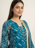 Teal Blue Mughal Floral Block Print Pure Cotton Kurta, Pants & Dupatta 3-Piece Set with Gold Foil Detail & Lace Border