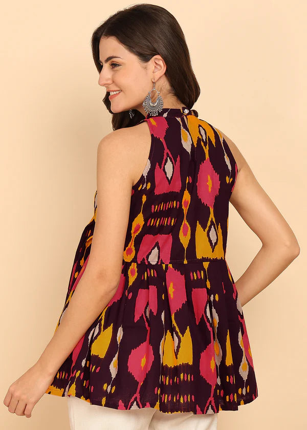 Wine Geometric Printed Fit And Flare Cotton Stitched Tunic