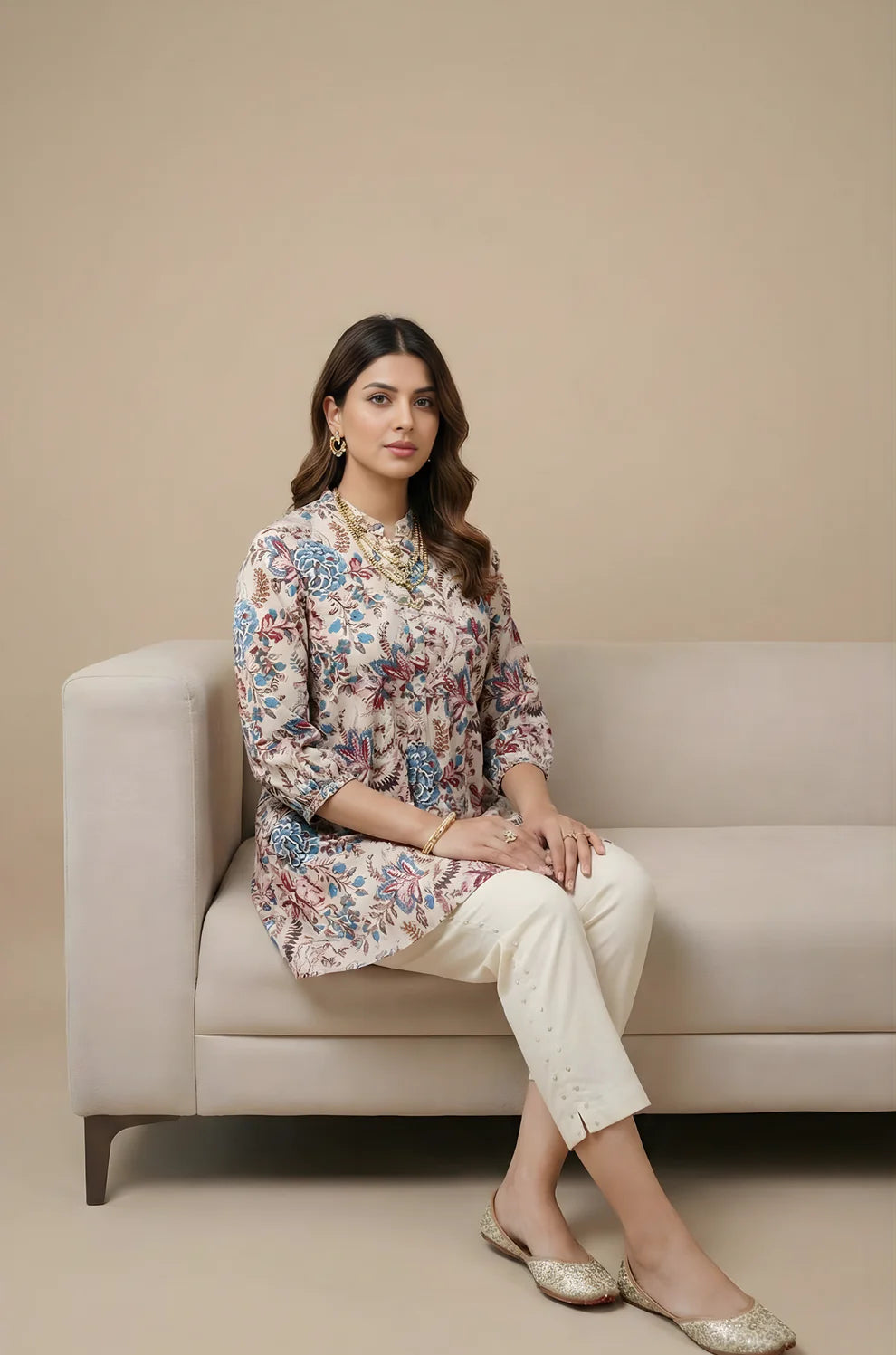 Ivory Pure Cotton Mughal Floral Printed Top