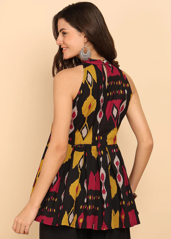 Black Geometric Printed Fit And Flare Cotton Stitched Tunic