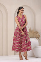 Wine Printed Sleeveless Cotton Flare Dress for Women