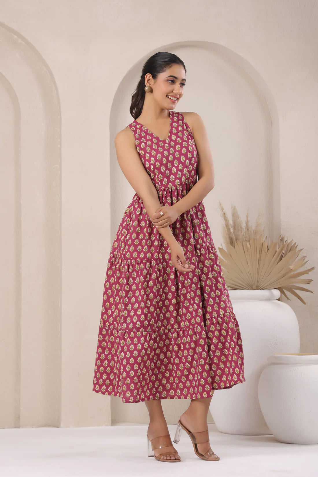 Wine Printed Sleeveless Cotton Flare Dress for Women