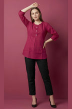 Magenta Pure Cotton Dobby Jaipur Top with Front Pleat & Button Detail
