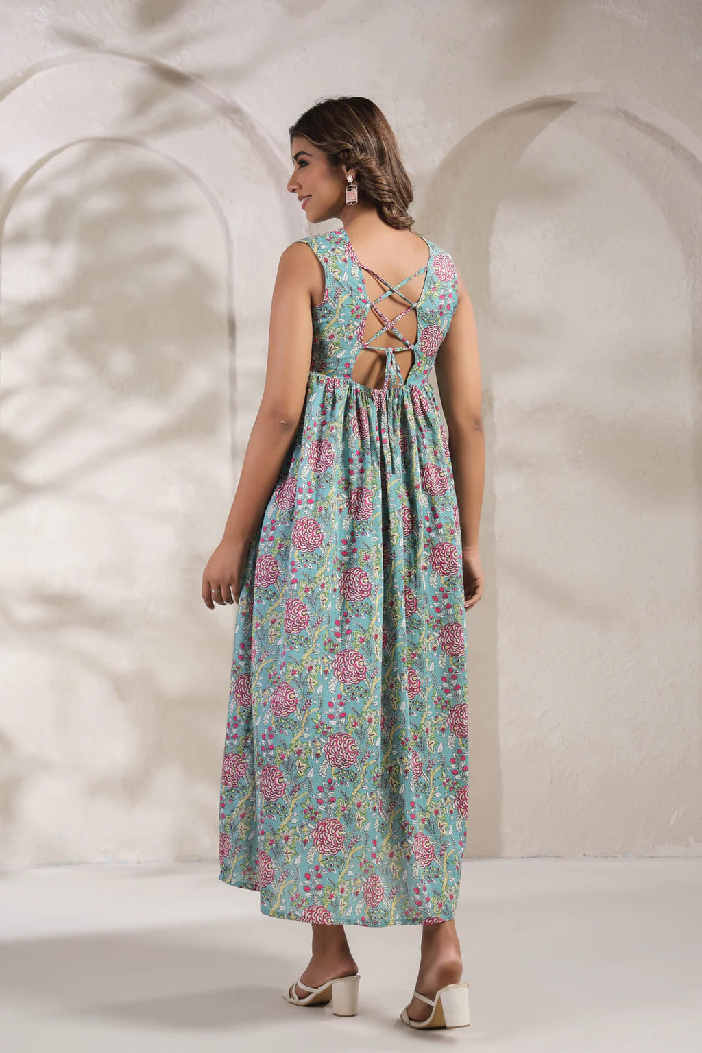 Green jal print dress crafted from pure cotton