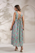 Green jal print dress crafted from pure cotton
