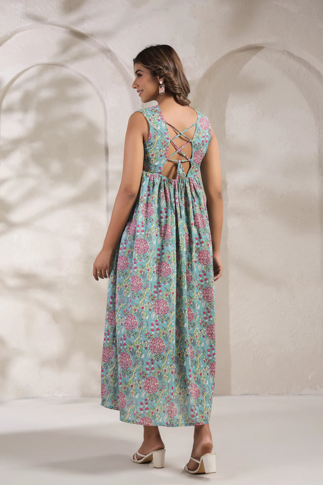 Green jal print dress crafted from pure cotton