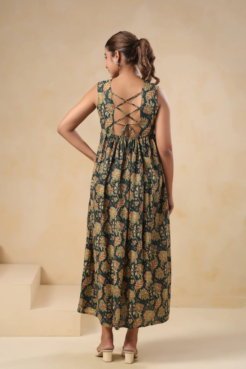 Dark Green Floral Printed Sleeveless Cotton Flare Dress for Women