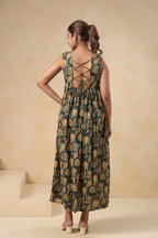 Dark Green Floral Printed Sleeveless Cotton Flare Dress for Women