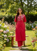 Cherry Red Pure Cotton Embroidered Kurta & Pant Set | Floral Yoke Ethnic