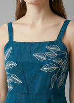 Teal Pure Cotton Fit & Flare Midi Dress with Ivory Leaf Embroidery