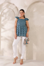 Teal Blue Pure Cotton Lotus Booti Printed Peplum Top