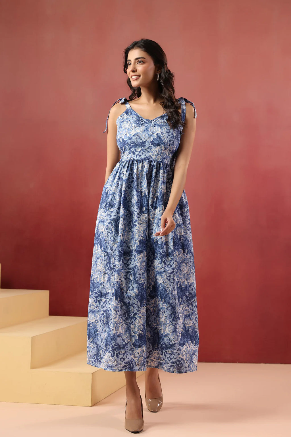 Blue Floral Printed Pure Cotton Maxi Dress — Shoulder Tie Straps