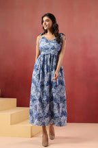 Blue Floral Printed Pure Cotton Maxi Dress — Shoulder Tie Straps