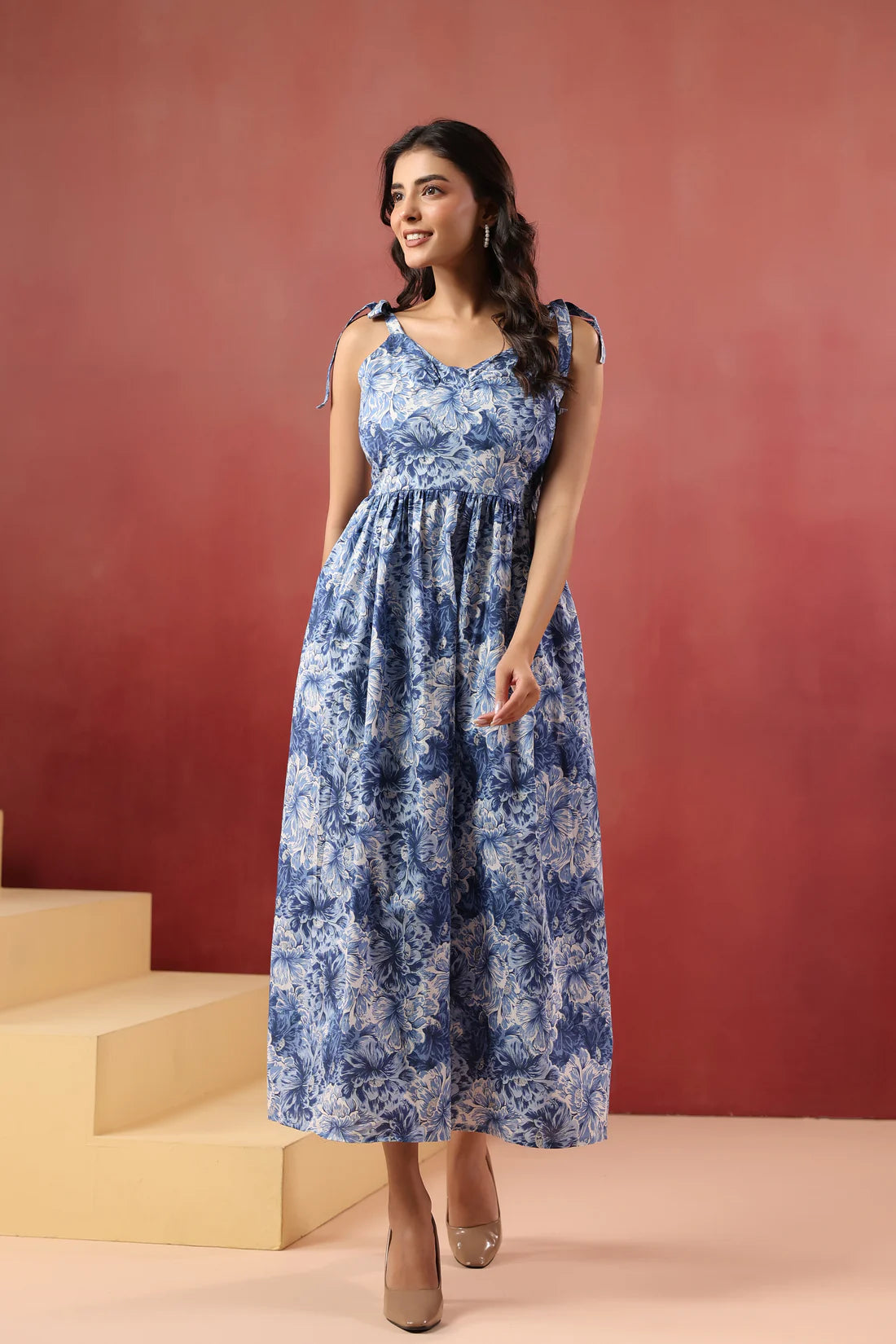 Blue Floral Printed Pure Cotton Maxi Dress — Shoulder Tie Straps