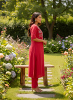 Cherry Red Pure Cotton Embroidered Kurta & Pant Set | Floral Yoke Ethnic