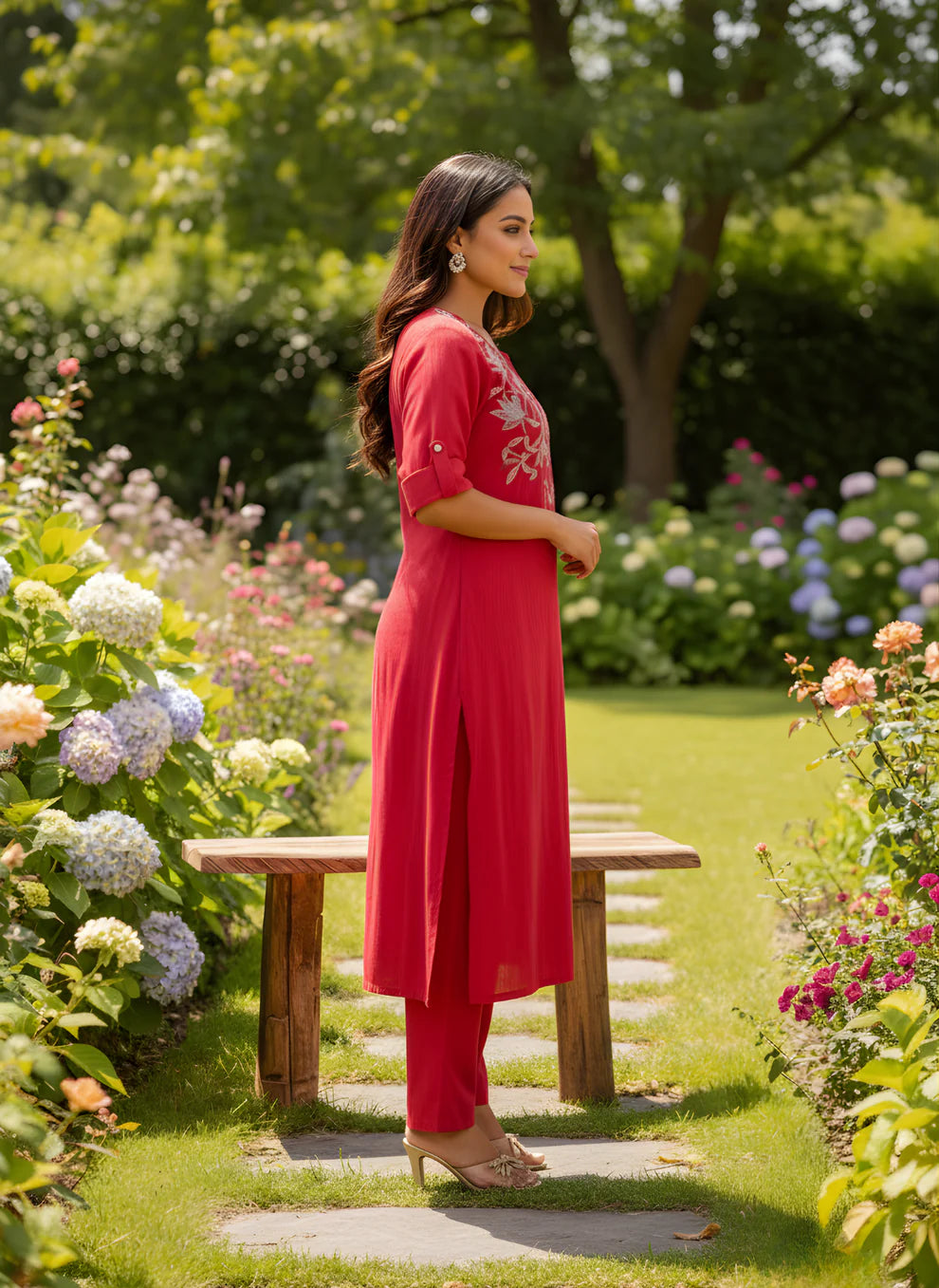 Cherry Red Pure Cotton Embroidered Kurta & Pant Set | Floral Yoke Ethnic