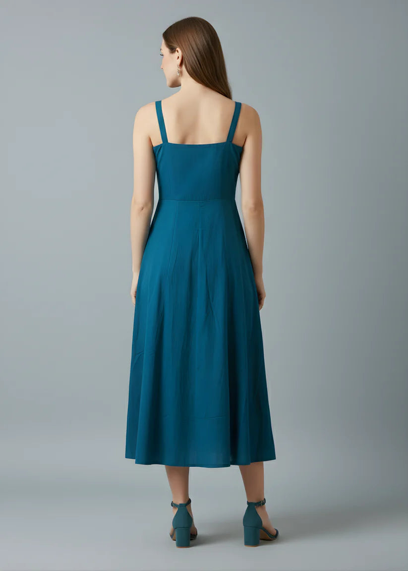 Teal Pure Cotton Fit & Flare Midi Dress with Ivory Leaf Embroidery