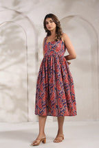 Hand Block Printed Mul Cotton Midi Dress — Premium Lined Comfort