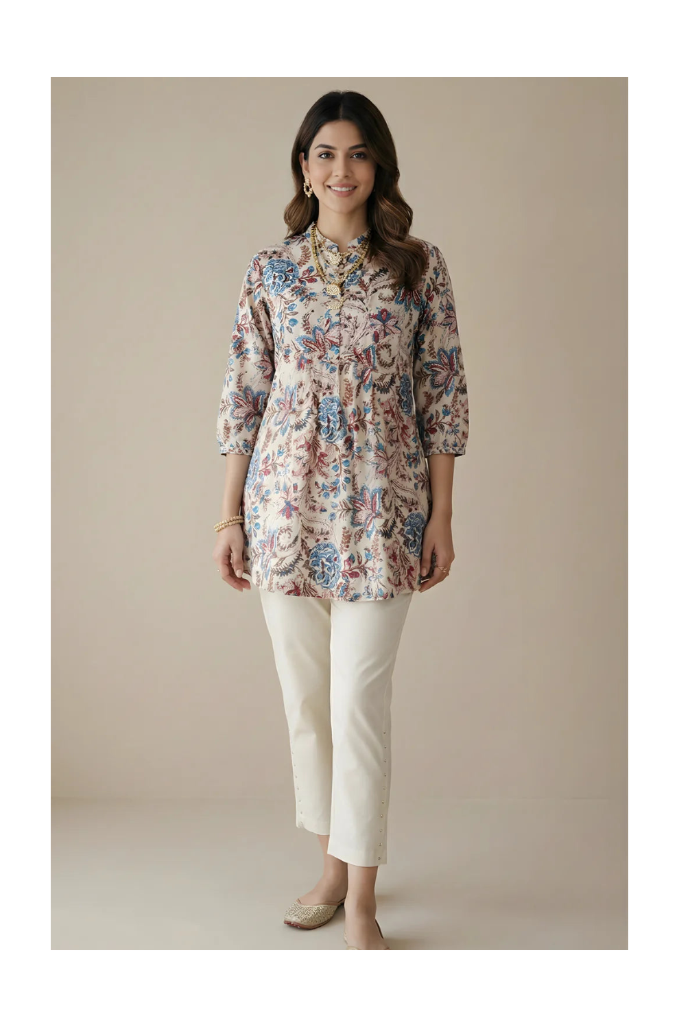 Ivory Pure Cotton Mughal Floral Printed Top