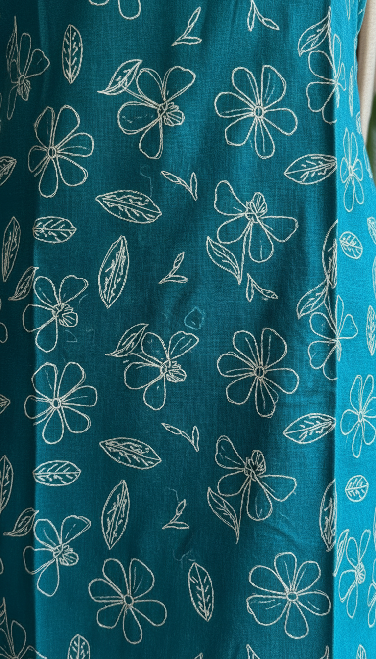 Teal Floral Printed Vertical Silk Kurta Set