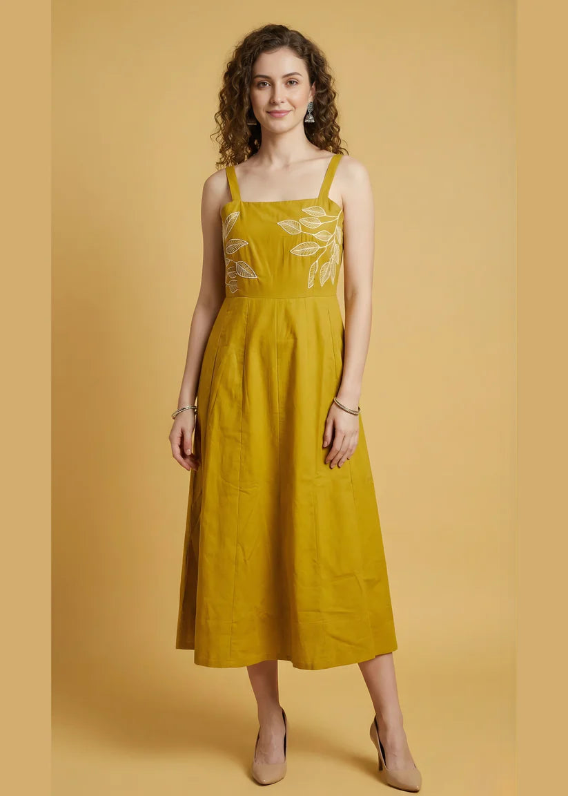 Pure Cotton Mustard Embroidered Dress
