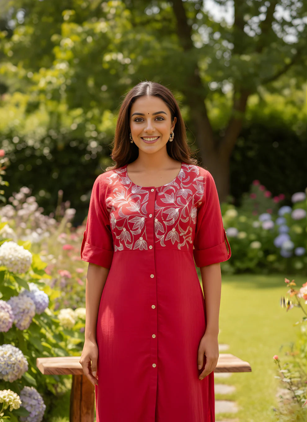 Cherry Red Pure Cotton Embroidered Kurta & Pant Set | Floral Yoke Ethnic