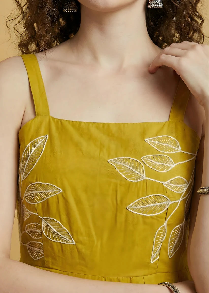 Pure Cotton Mustard Embroidered Dress