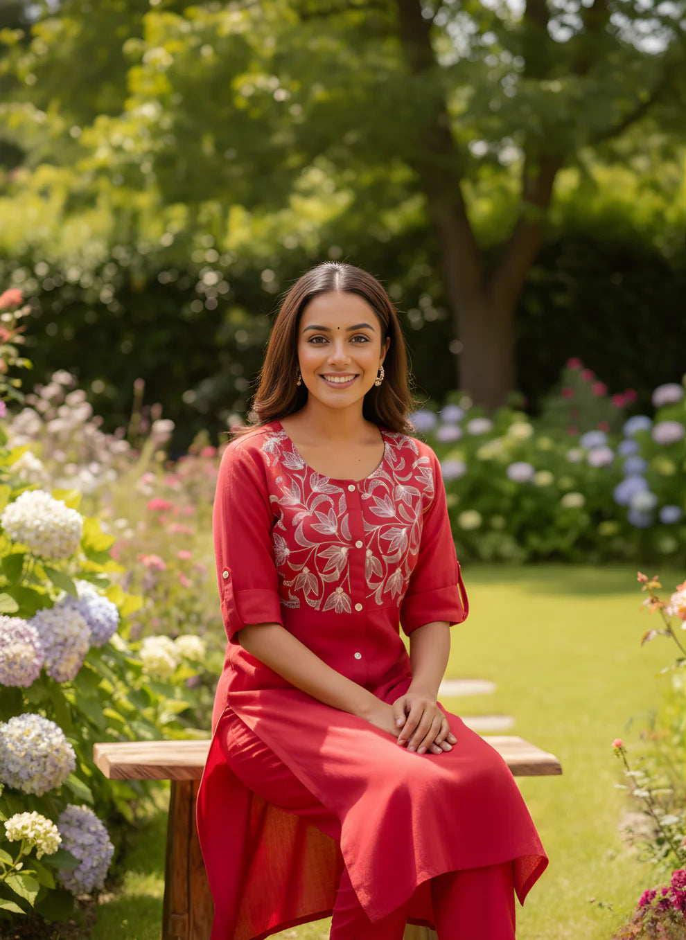Cherry Red Pure Cotton Embroidered Kurta & Pant Set | Floral Yoke Ethnic