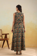 Women’s Pure Cotton Hand Block Printed Flared Maxi Dress – Teal Green Floral