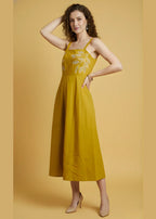 Pure Cotton Mustard Embroidered Dress