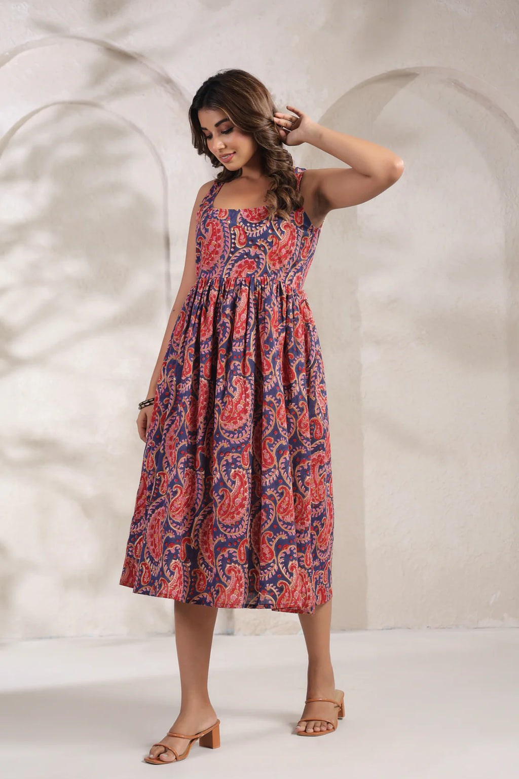 Hand Block Printed Mul Cotton Midi Dress — Premium Lined Comfort