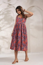 Hand Block Printed Mul Cotton Midi Dress — Premium Lined Comfort
