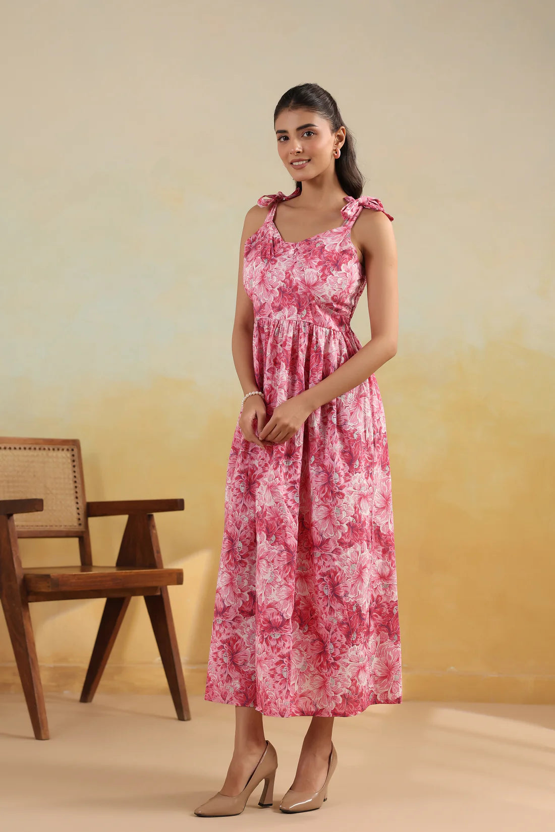 Pink Floral Printed Pure Cotton Maxi Dress — Shoulder Tie Straps | Elasticated Back
